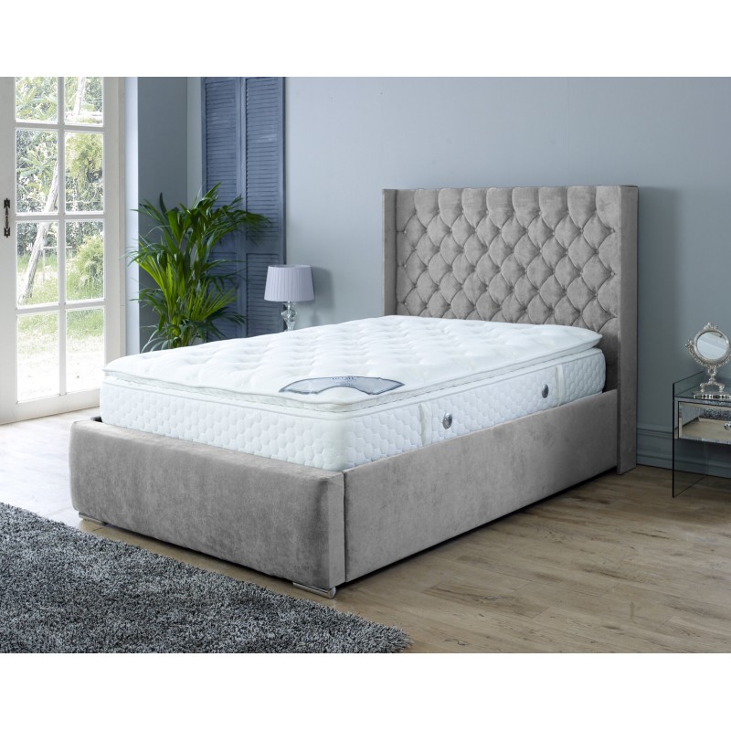 Nylasor Velvet Grey Buttoned Headboard 3ft Ottoman Bed